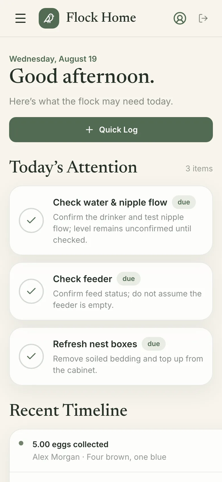 Flock Home dashboard showing today's due coop tasks and the shared timeline