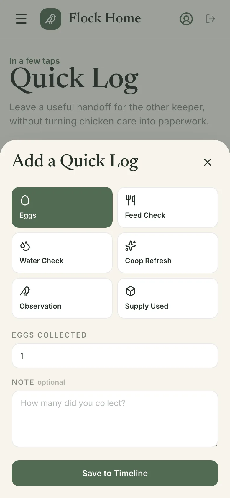 Quick Log sheet with egg, feed, water, and coop refresh options