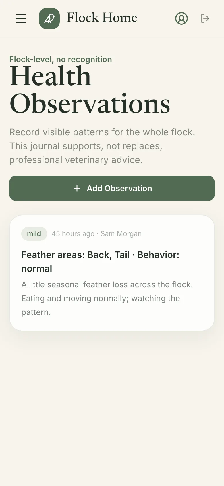 Health Observations journal with a mild seasonal feather loss entry