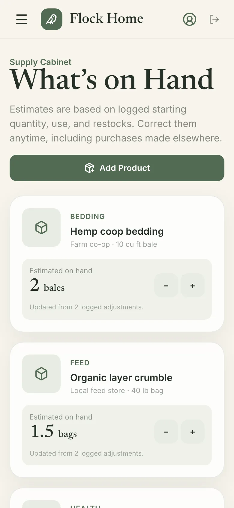Flock Home supply cabinet with estimated feed and bedding on hand